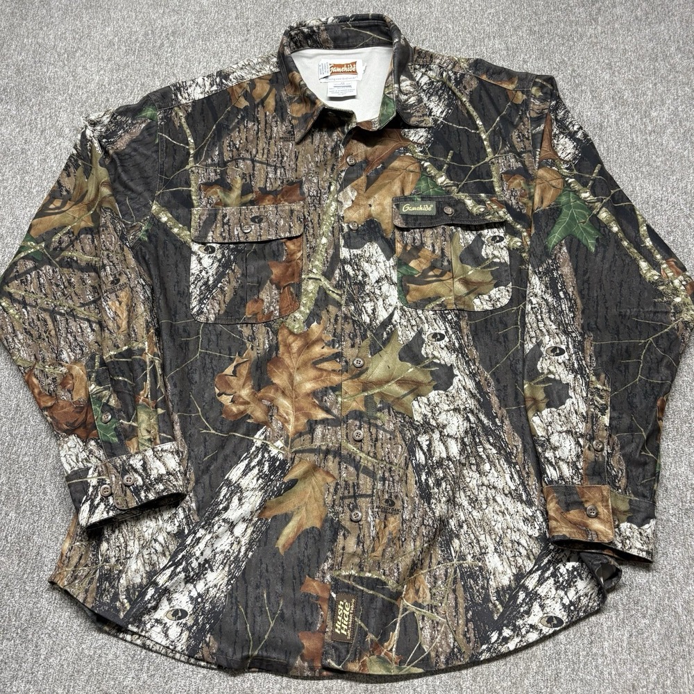 VTG Gamehide Mossy Oak Button-Down Hunting Shirt Mens XL Break Up Camo Hush Hide